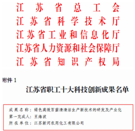 江蘇新河喜獲“2021年度江蘇省職工十大科技創(chuàng)新成果獎”